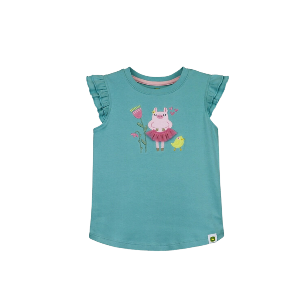 John Deere Kid's Piggy Short Flutter Sleeve Salt Water Blue Shirt