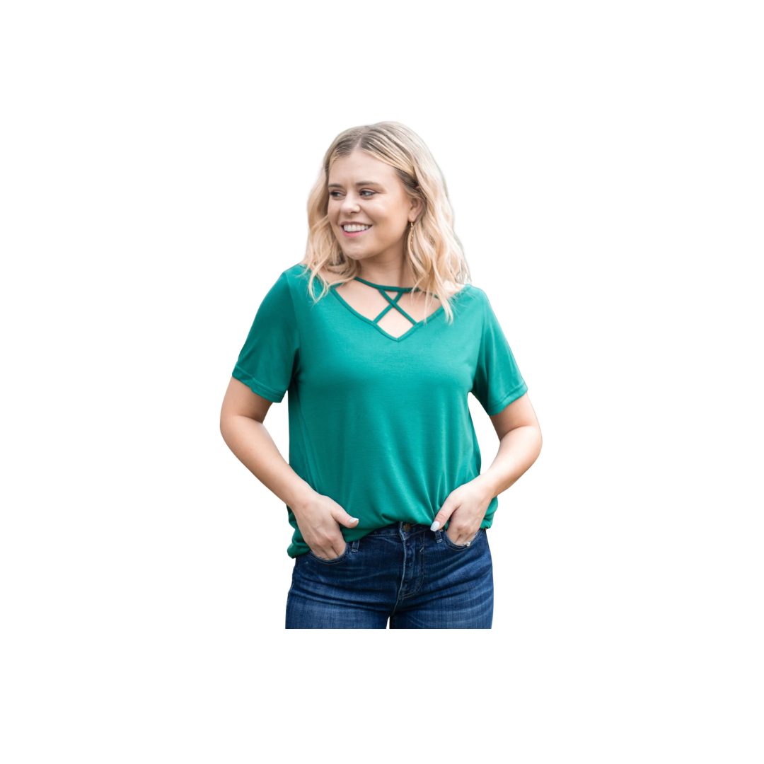 Southern Grace Women's Vinyard Day Caged Neckline Green T Shirt