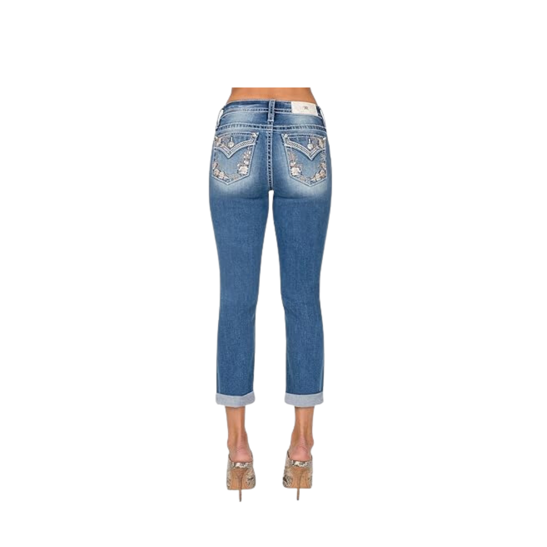 Miss Me Women's Mid Rise Capri Faux Flap Pockets with Floral Embroidery Medium Blue Jeans
