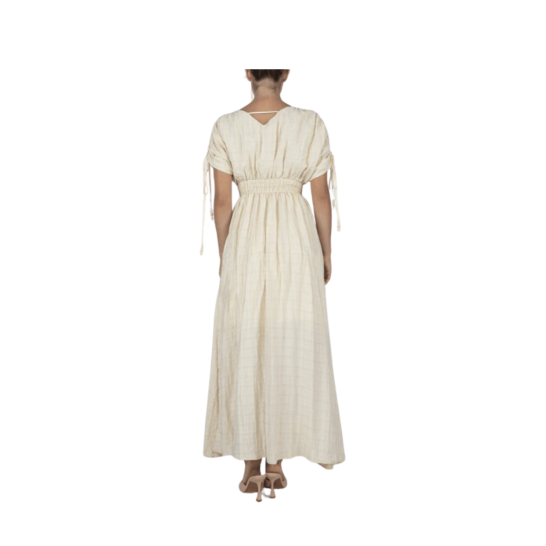 Miss Me Women's Flowy Maxi Smocked Waist Tassels Cream Dress