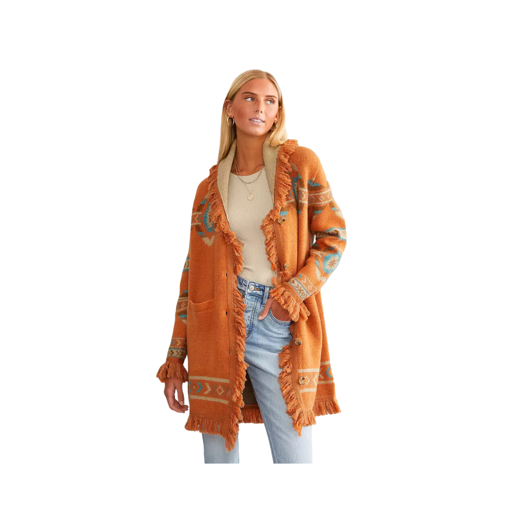 Miss Me Women's Aztec Print Sweater Orange Multi Cardigan