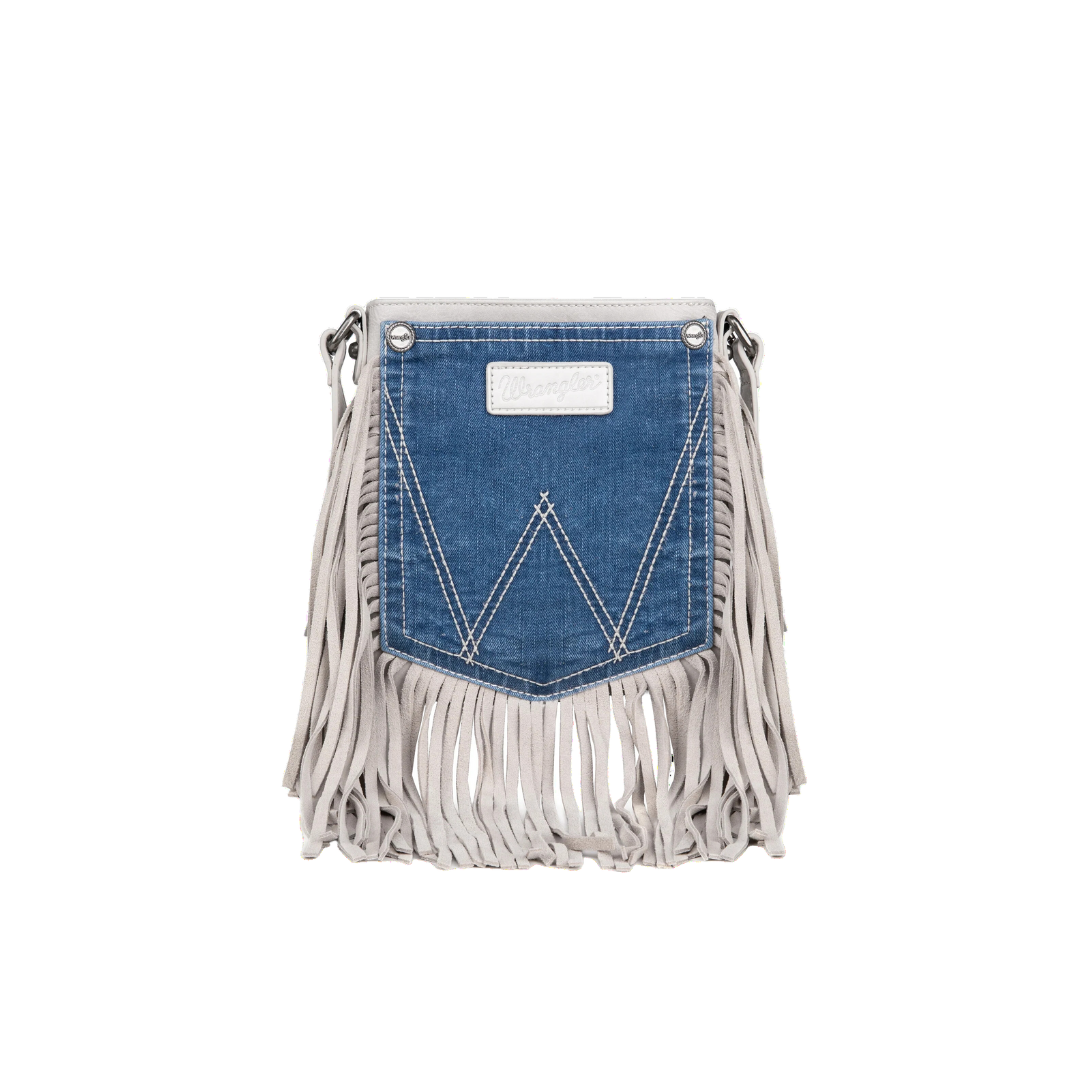 Wrangler Women's Leather Fringe Denim White Crossbody Bag