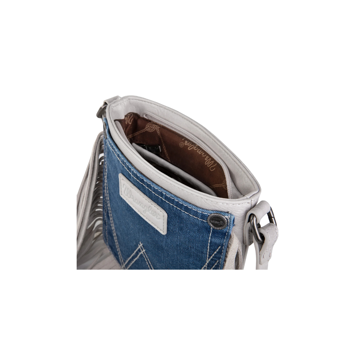 Wrangler Women's Leather Fringe Denim White Crossbody Bag