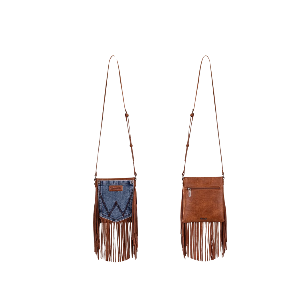 Wrangler Women's Leather Fringe Denim Brown Crossbody Bag