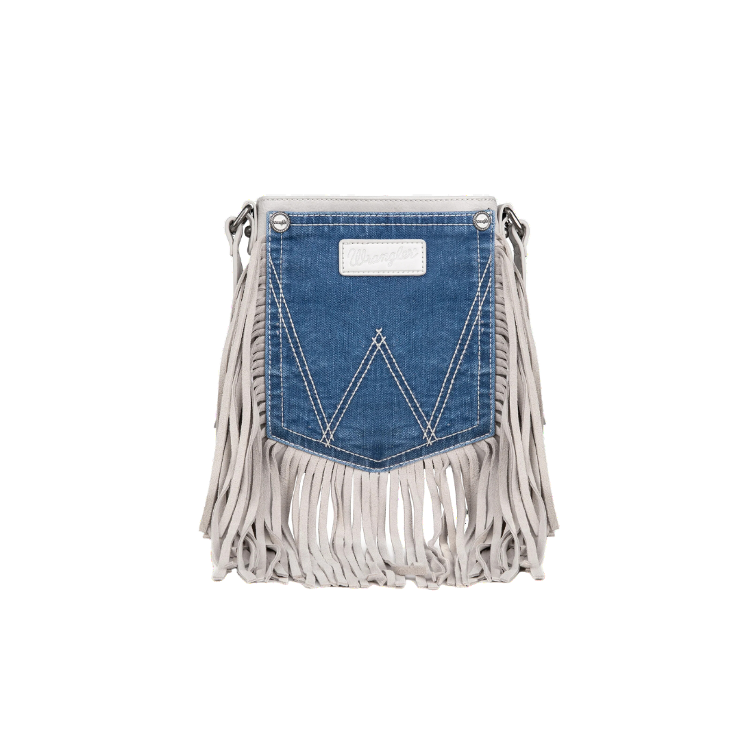 Wrangler Women's Leather Fringe Denim White Crossbody Bag