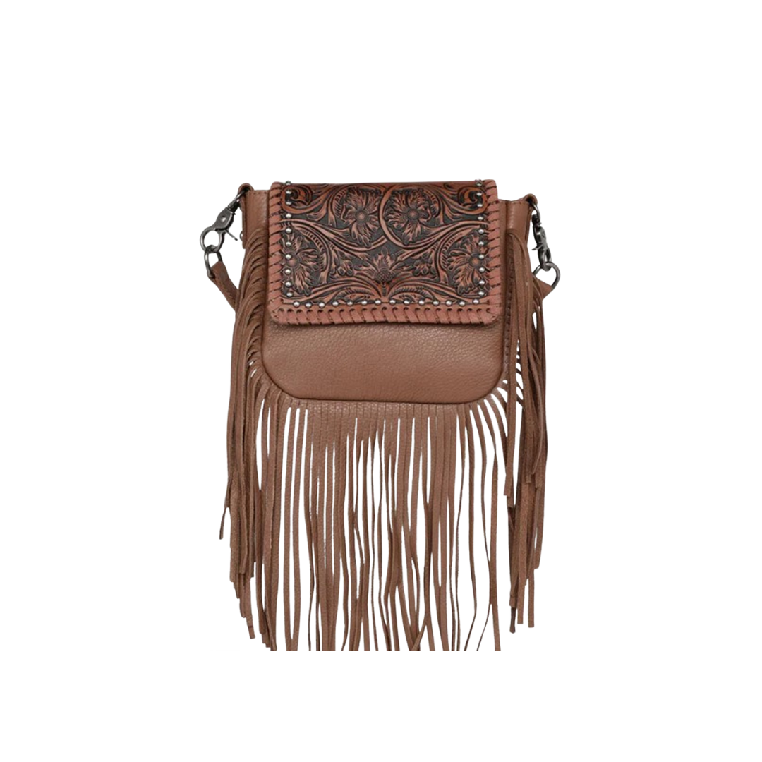 Montana West Women's Leather Tooled Fringe Brown Crossbody Bag