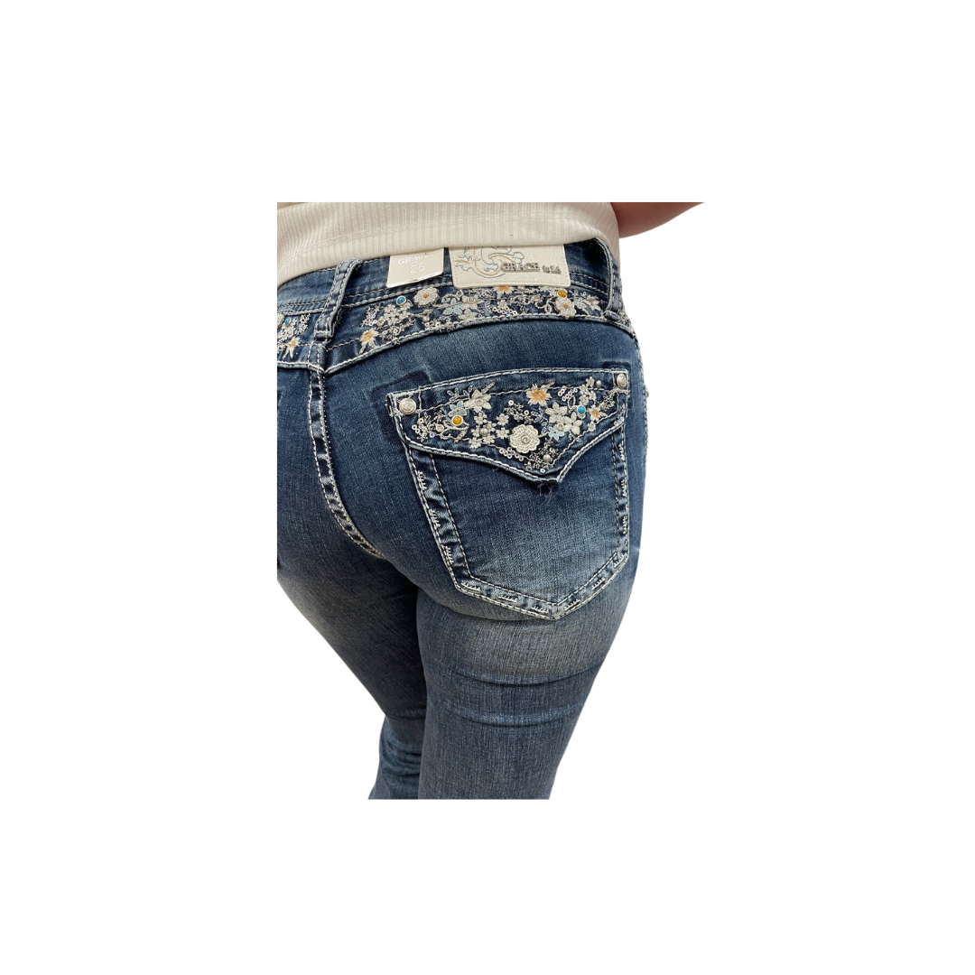 Grace In La Women's Easy Fit Faux Pocket Floral Embroidered Bootcut Jeans