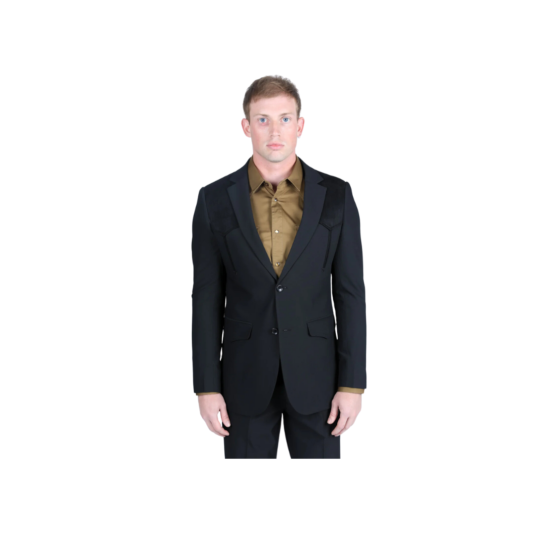Platini Men's Western Suit With Suede Yokes And Elbow Patches Black Sport Coat