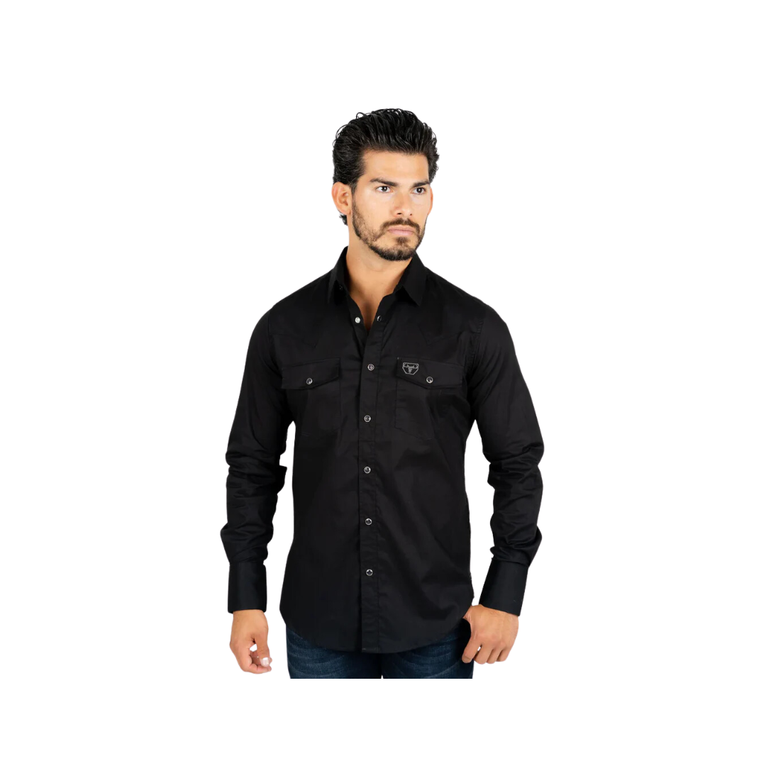 Platini Men's Western Snap Solid Dress Black Shirt