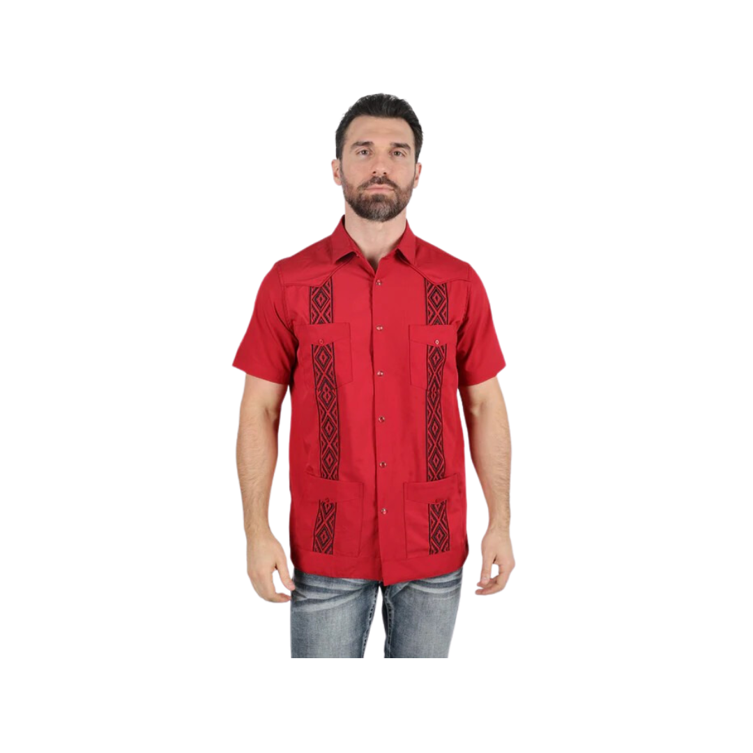 Platini Men's Modern Guayabera Red Shirt