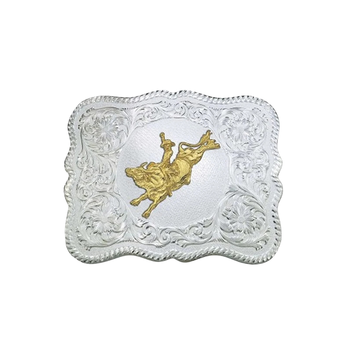 Montana Men's Silversmith Scalloped Silver Western With Bull Rider Belt Buckle