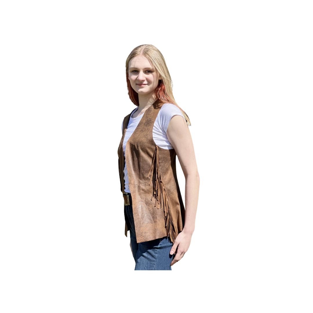 Montana Co Women's Long Suede With Side Fringes Brown Vest