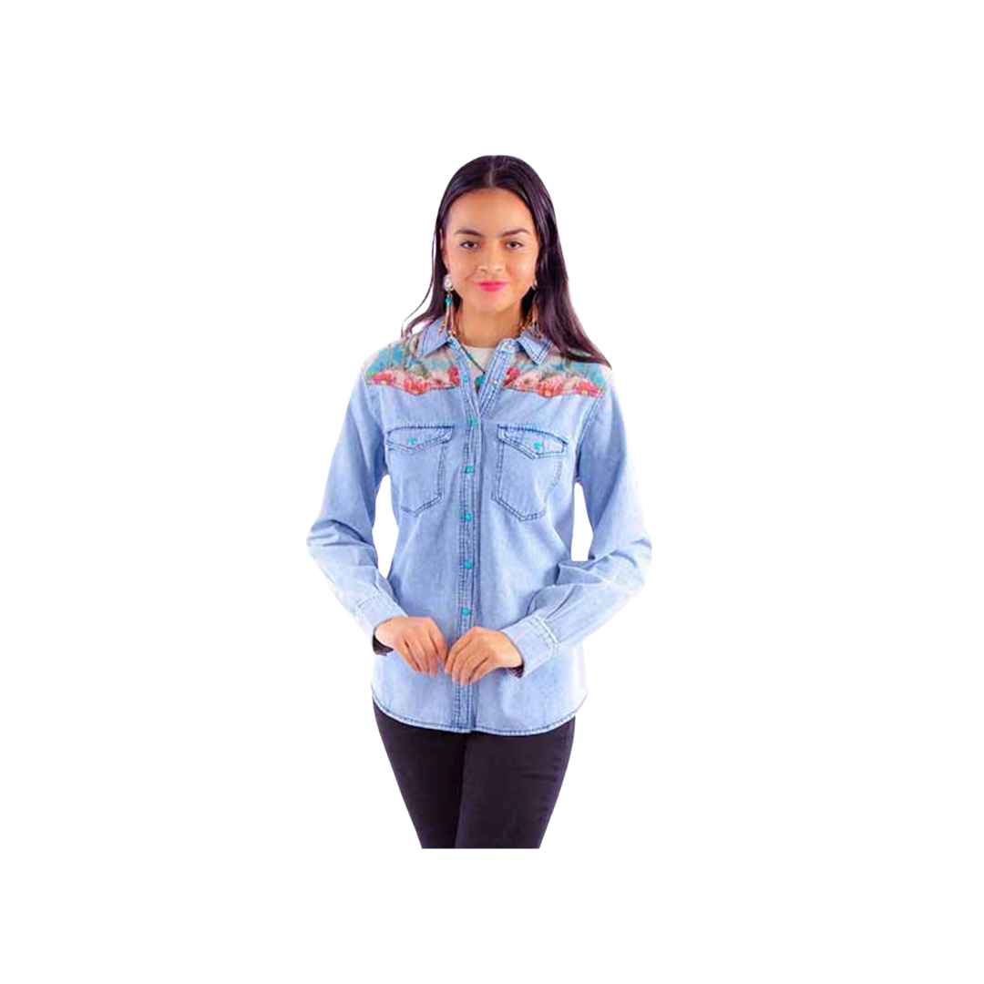 Scully Women's Honey Creek Collection Cactus Print Denim Shirt