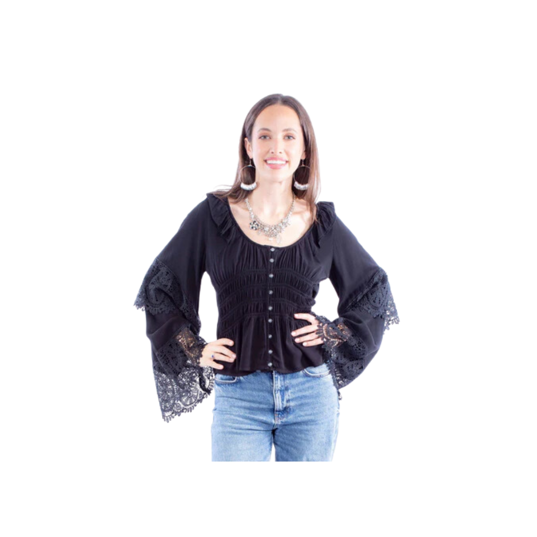 Scully Women's Ruffle Crochet Rayon Blouse Black Shirt