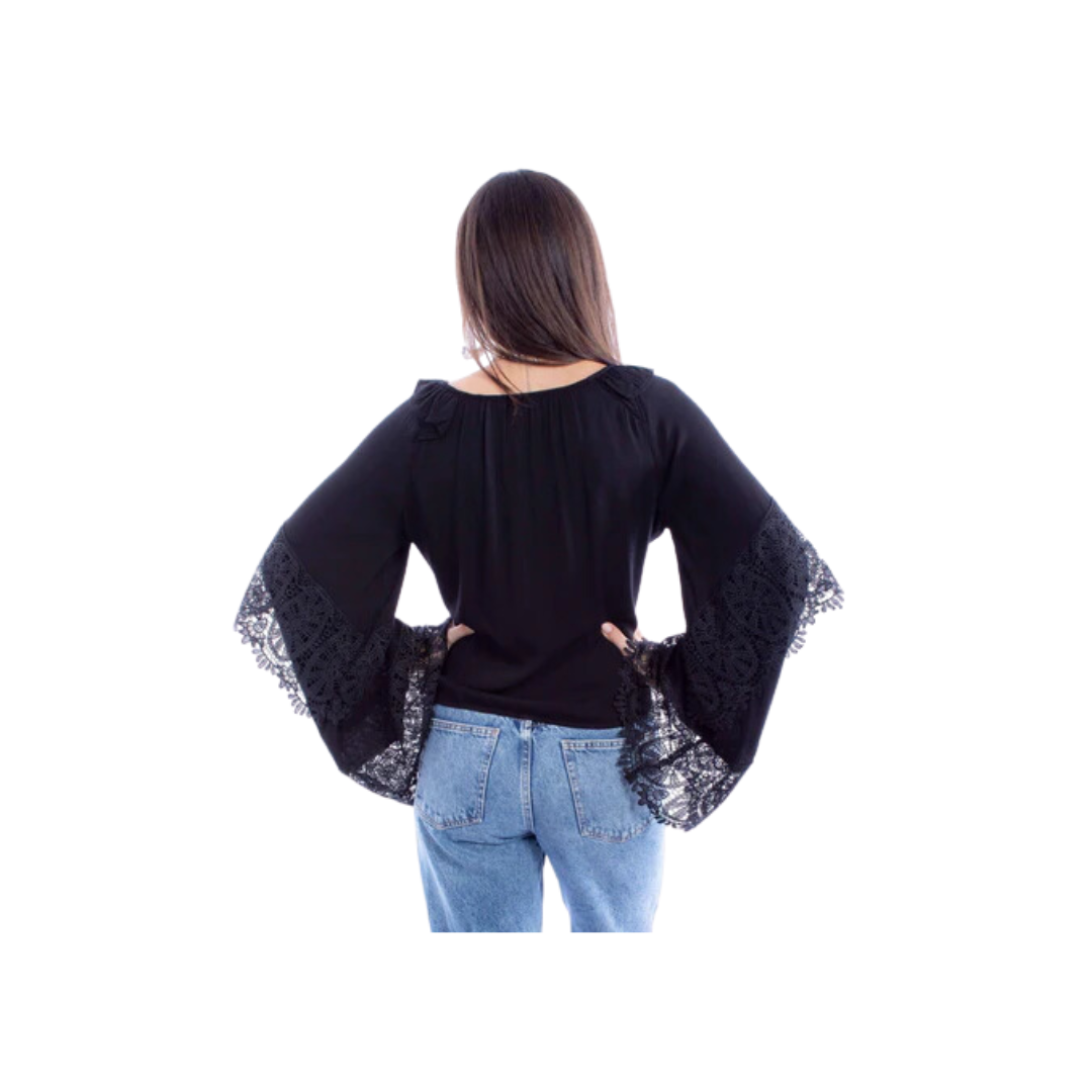 Scully Women's Ruffle Crochet Rayon Blouse Black Shirt