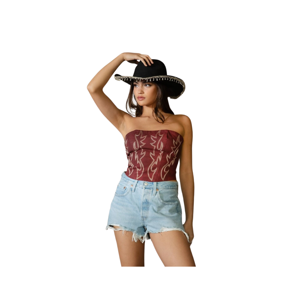 Tic Toc Women's Embroidered Western Corset Dark Red Top