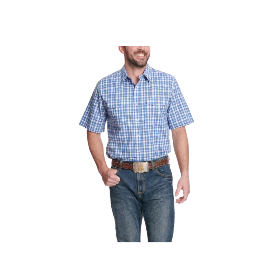 Wrangler Men's Plaid Relaxed Fit Short Sleeve Western White Bluebonnet Blue Shirt
