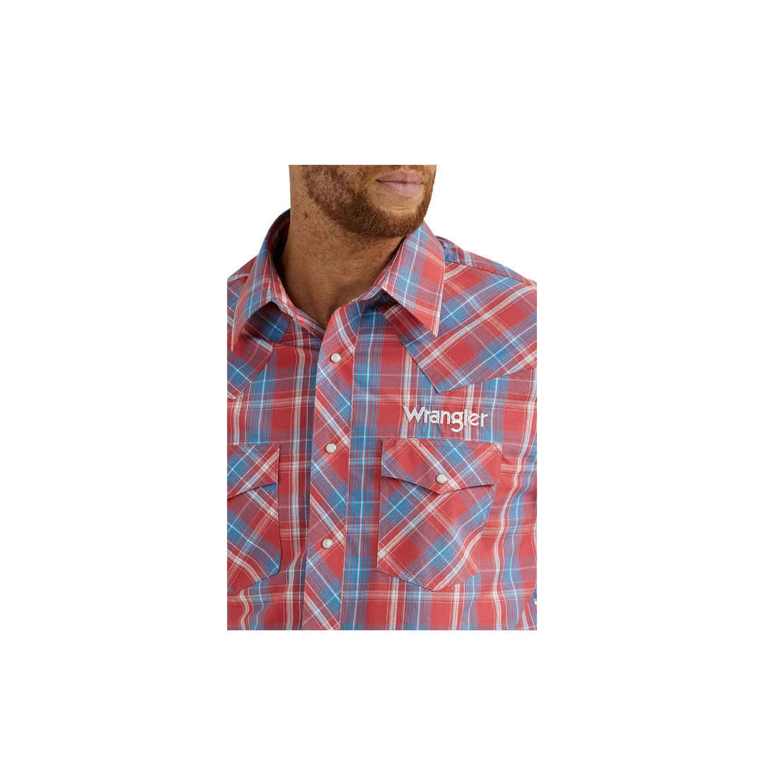Wrangler Men's Western Logo Plaid Button Down Red Shirt