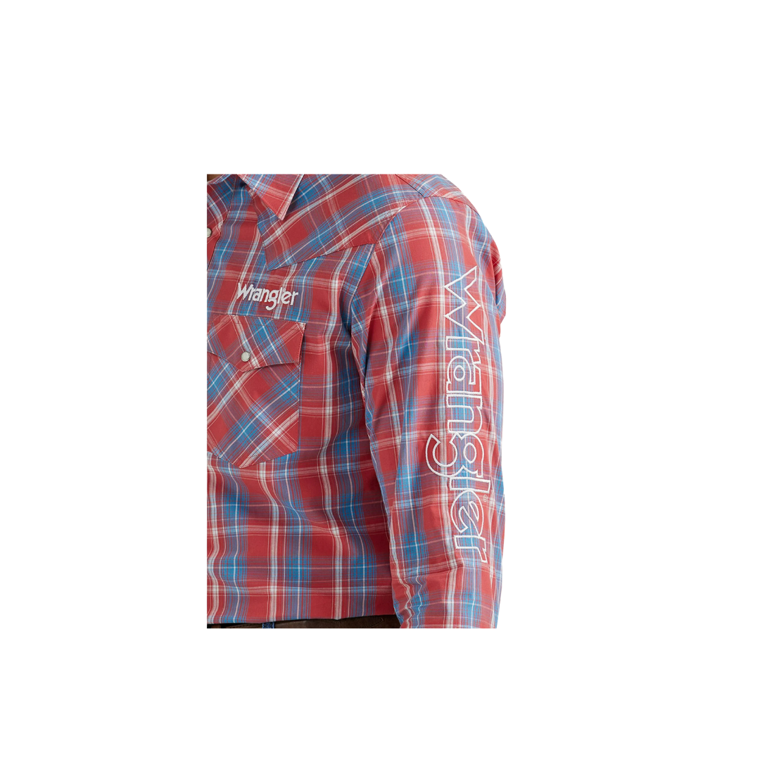 Wrangler Men's Western Logo Plaid Button Down Red Shirt