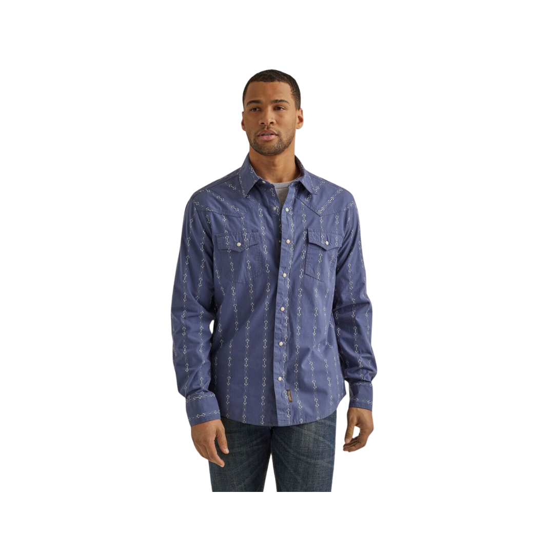 Wrangler Men's Vintage Printed Retro Premium Collared Long Sleeve Western Snap Indigo Shirt