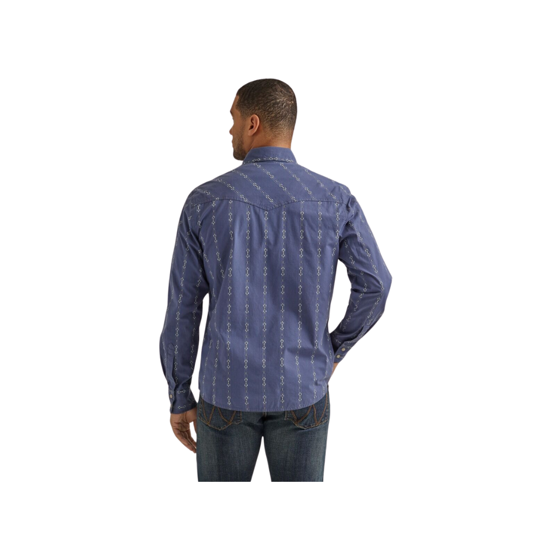 Wrangler Men's Vintage Printed Retro Premium Collared Long Sleeve Western Snap Indigo Shirt