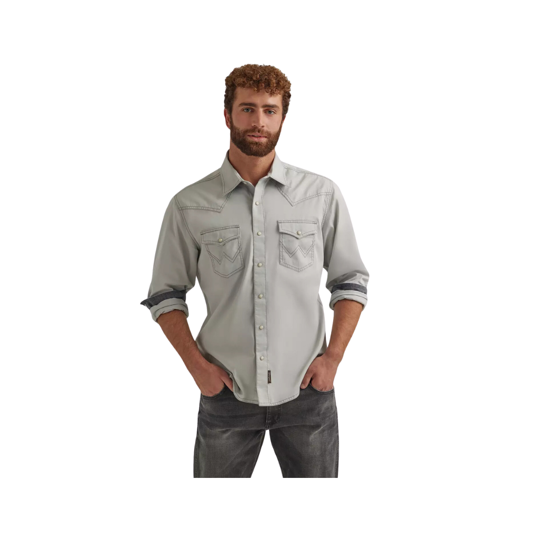 Wrangler Men's Retro Premium Long Sleeve Snap Silver Grey Shirt