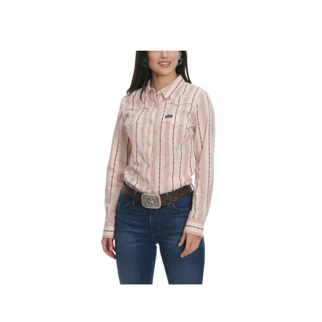 Wrangler Women's Retro Stripe Aztec Geo Embroidery Long Sleeve Western Sand Dark Dusty Rose Shirt