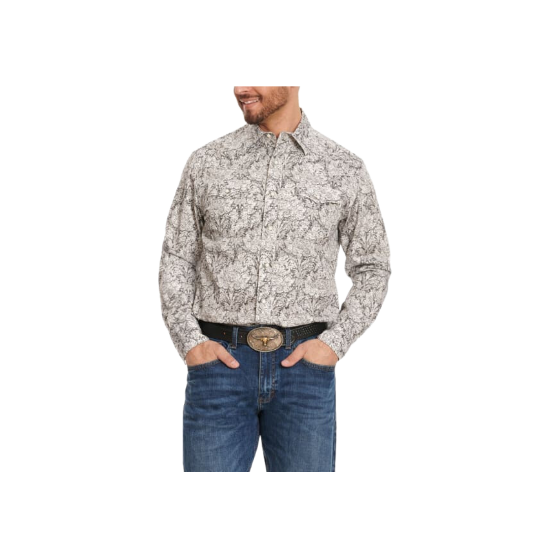 Wrangler Men's Retro Floral Wallpaper Print Long Sleeve Western Black Grey Shirt
