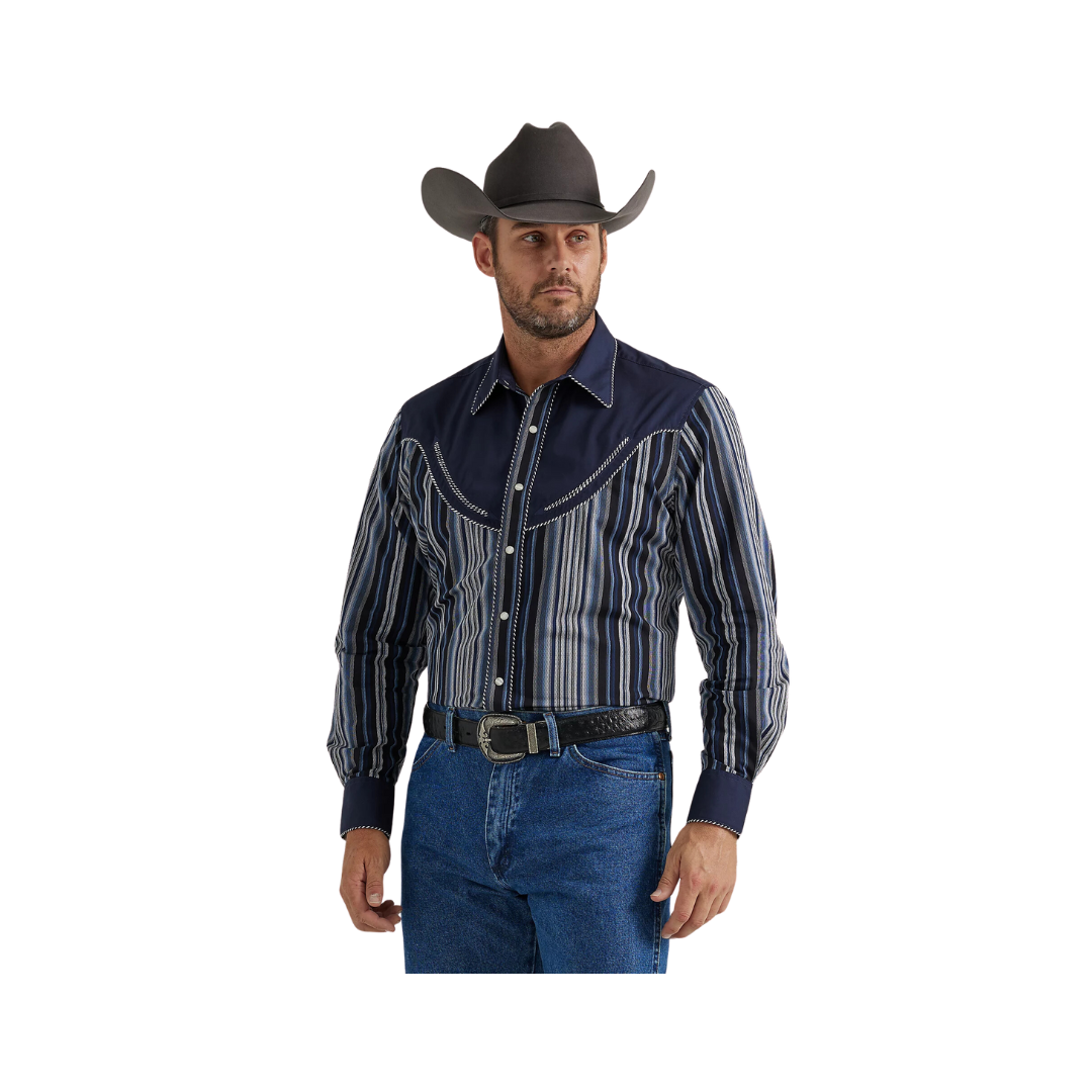 Wrangler Men's Rodeo Ben Western Snap Navy Stripes Shirt