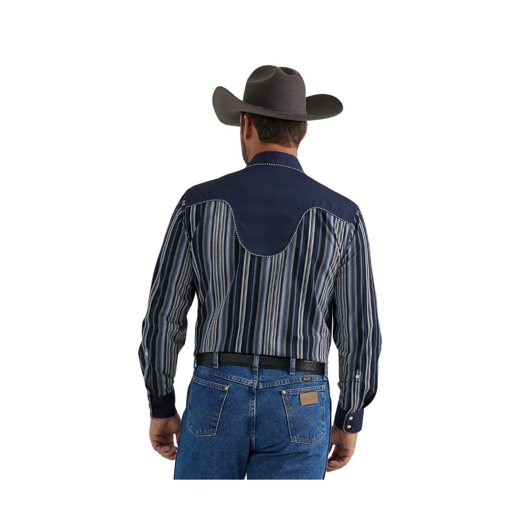 Wrangler Men's Rodeo Ben Western Snap Navy Stripes Shirt