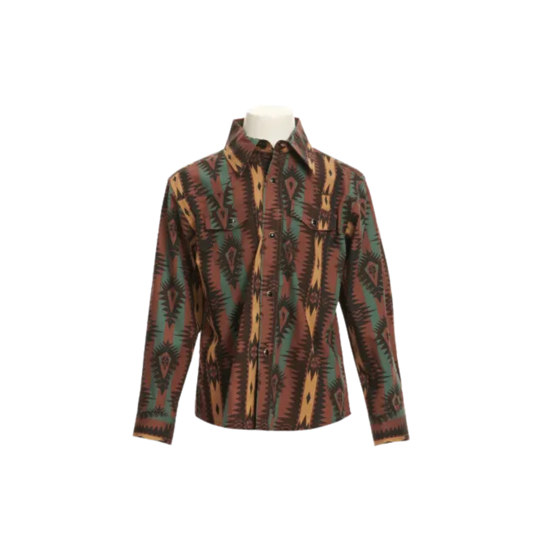 Wrangler Youth Boy's Teal Colorful Aztec Stripes Checotah Shirt