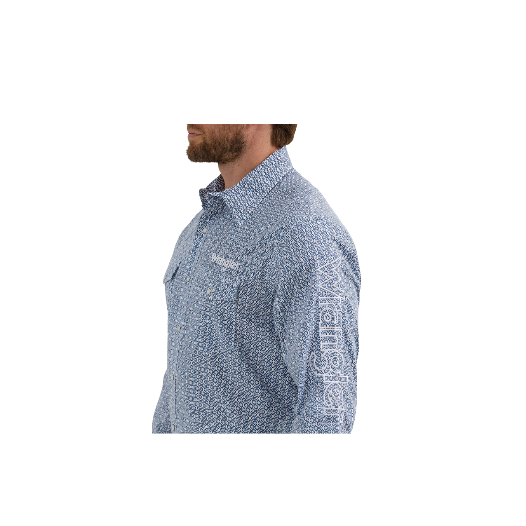 Wrangler Men's Logo Diamond Print Snap Blue Shirt