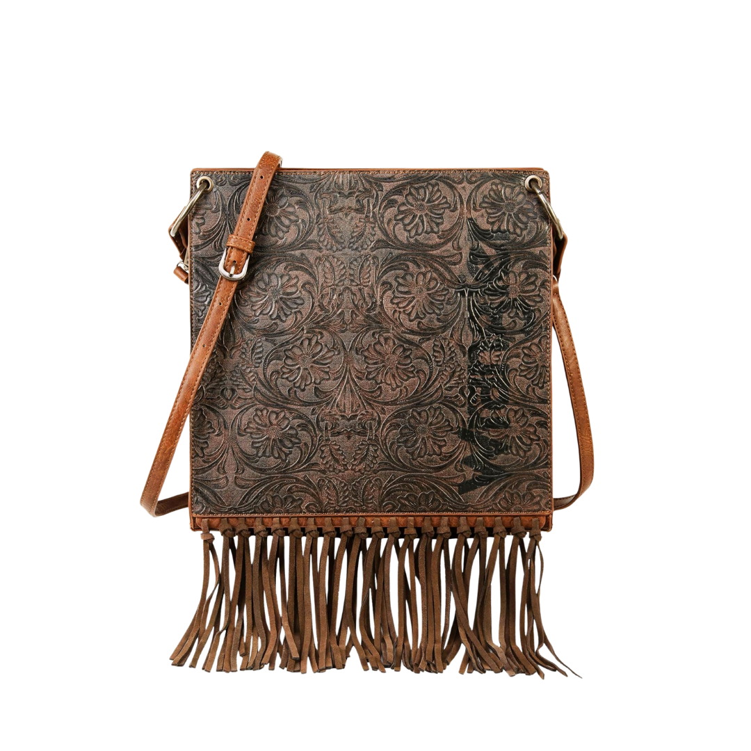 Wrangler Women's Floral Embossed Fringe Concealed Carry Hobo Brown Crossbody