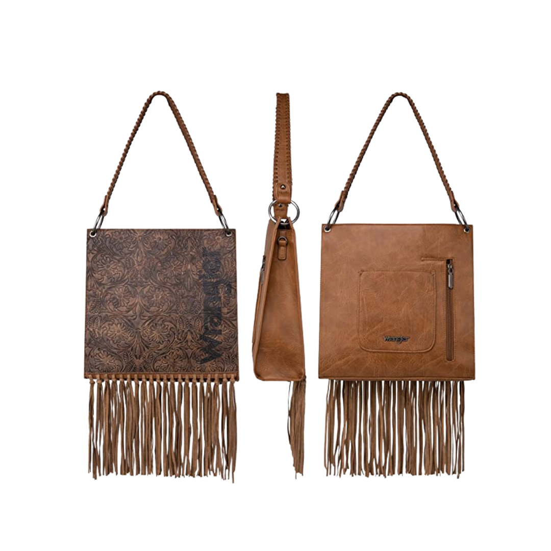 Wrangler Women's Floral Embossed Fringe Concealed Carry Hobo Brown Crossbody