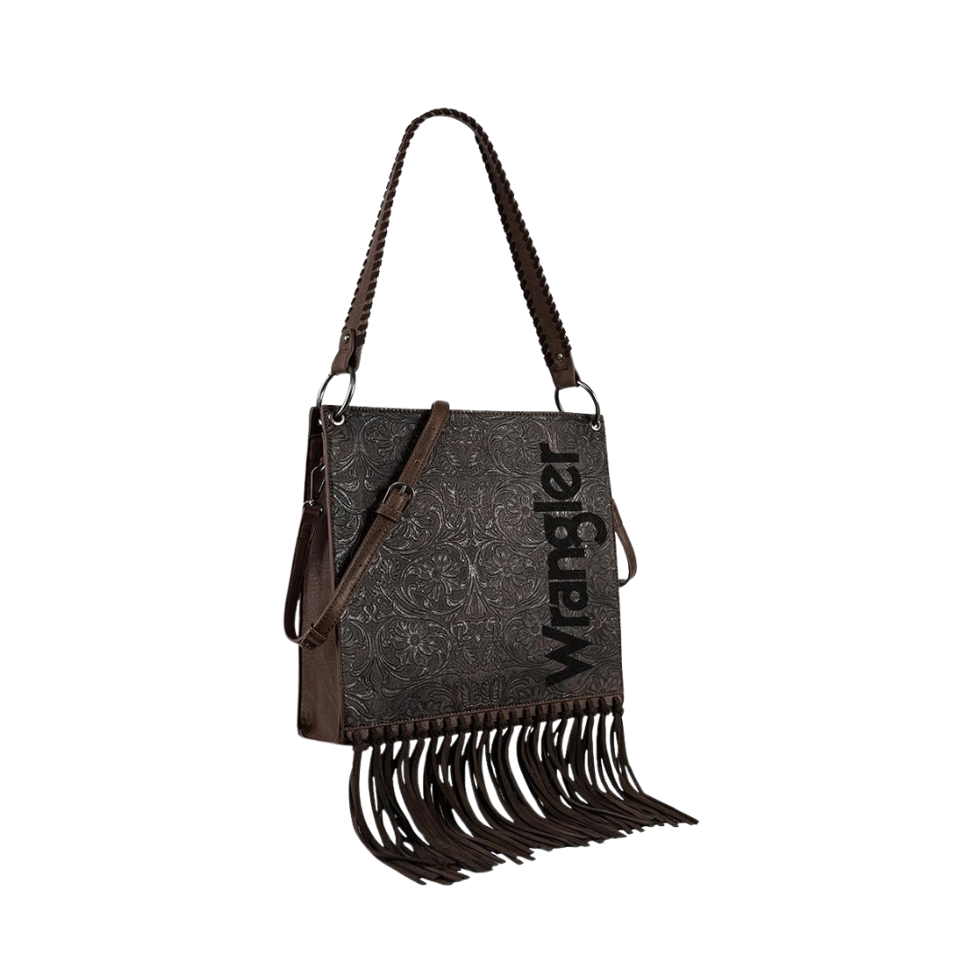 Wrangler Women's Floral Embossed Fringe Coffee Crossbody