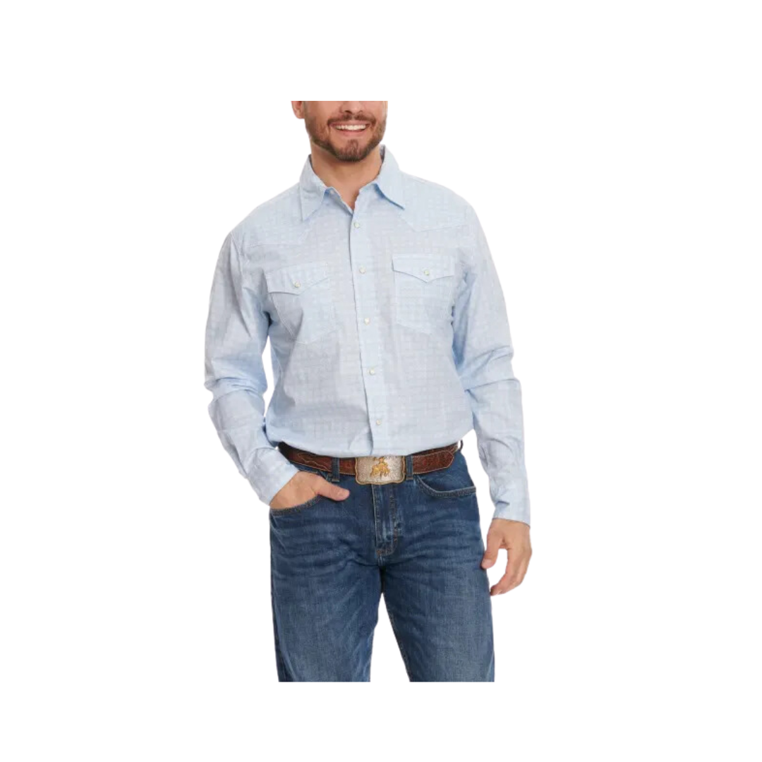 Wrangler Men's Cornflower 20X Geo Print Long Sleeve Western Blue White Shirt