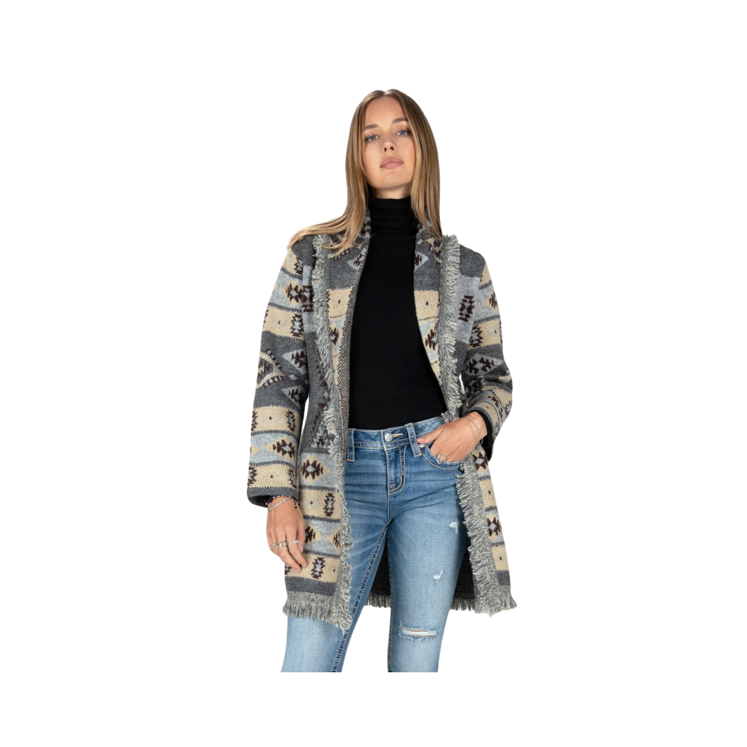 Miss Me Women's Aztec Fringe Open Front Cardigan
