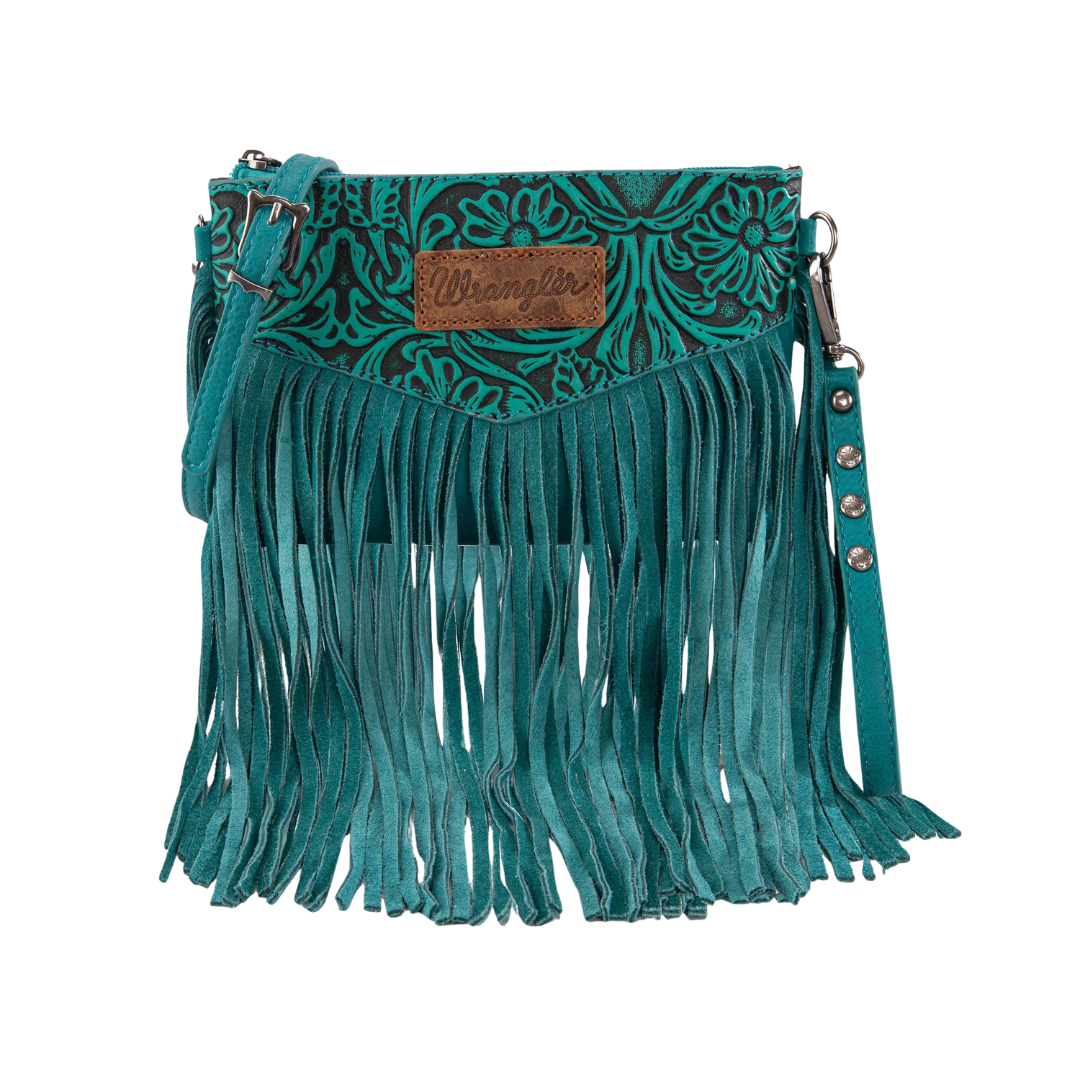 Wrangler Women's Vintage Floral Tooled Crossbody Turquoise Bag