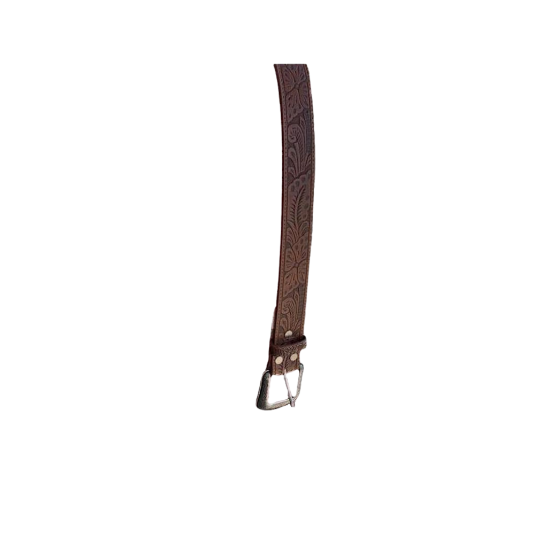 3D Mens Floral Embossed Leather Brown Belt