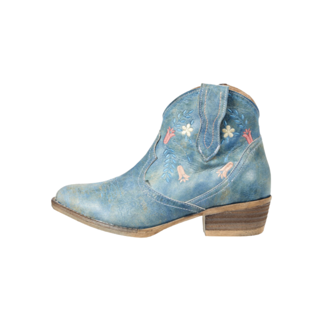 Corral Women's Floral Embroidery Snip Toe Ankle Blue Boots