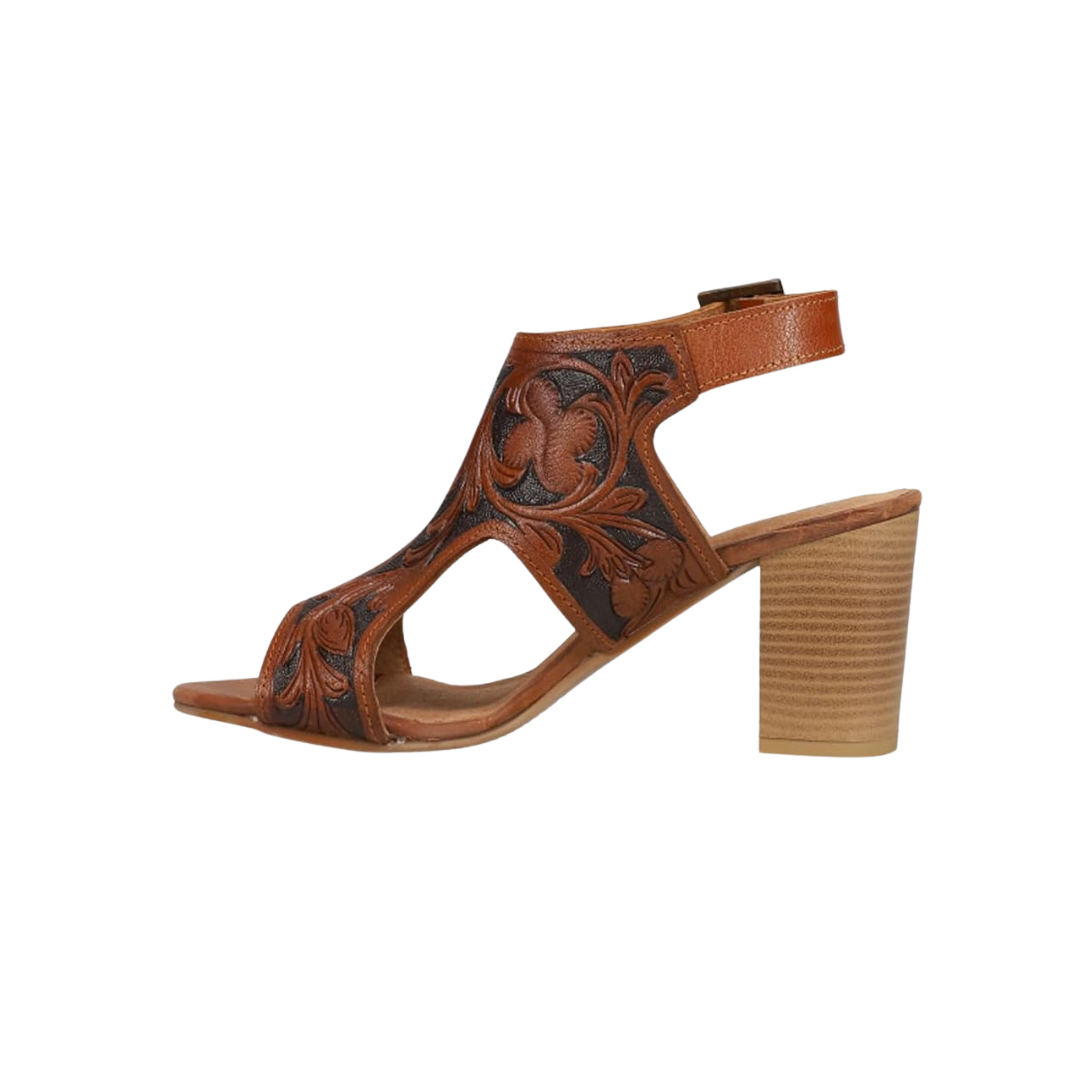 Roper Women's Mika Floral Block Heels Brown Sandals