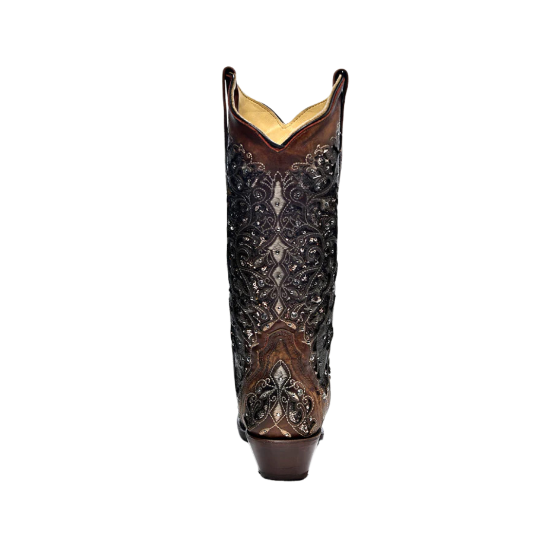 Corral Boots Women's Glitter Inlay Floral Overlay With Crystals Cognac Cowboy Black Boot
