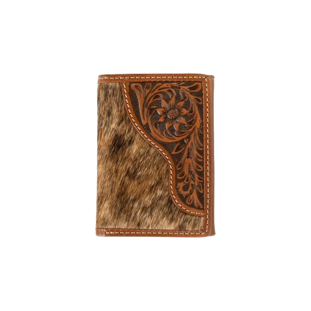 Nocona Men's Trifold Calf Hair Tooled Tab Brown Wallet