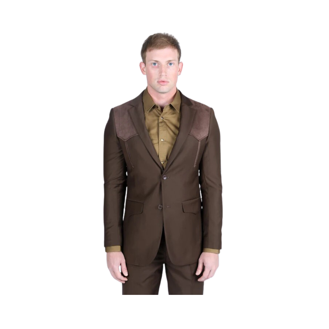 Platini Men's Western With Suede Yokes And Elbow Patches Dark Brown Suit Sport Coat