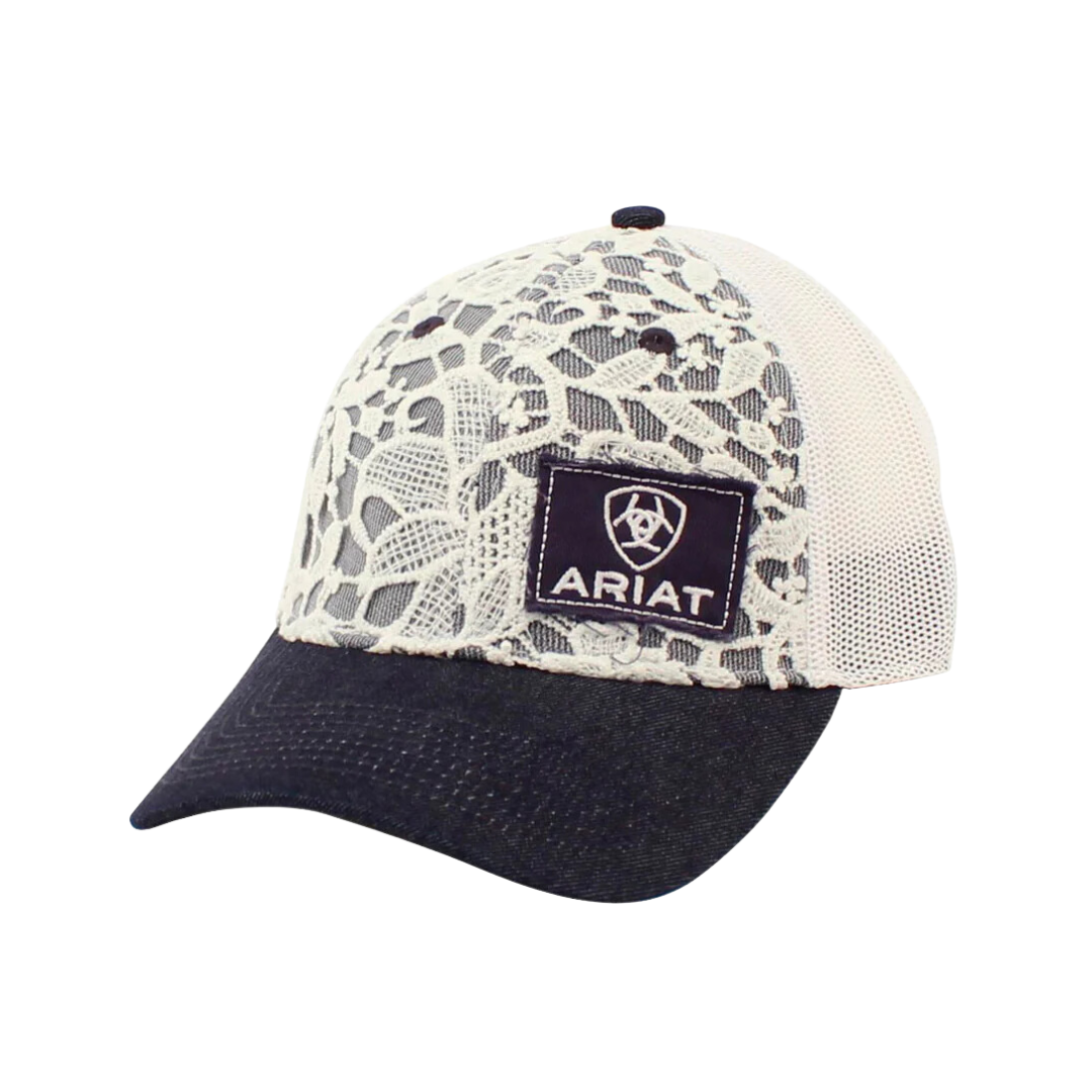 Ariat Denim White Ivory Lace and Mesh Logo Patch Cap