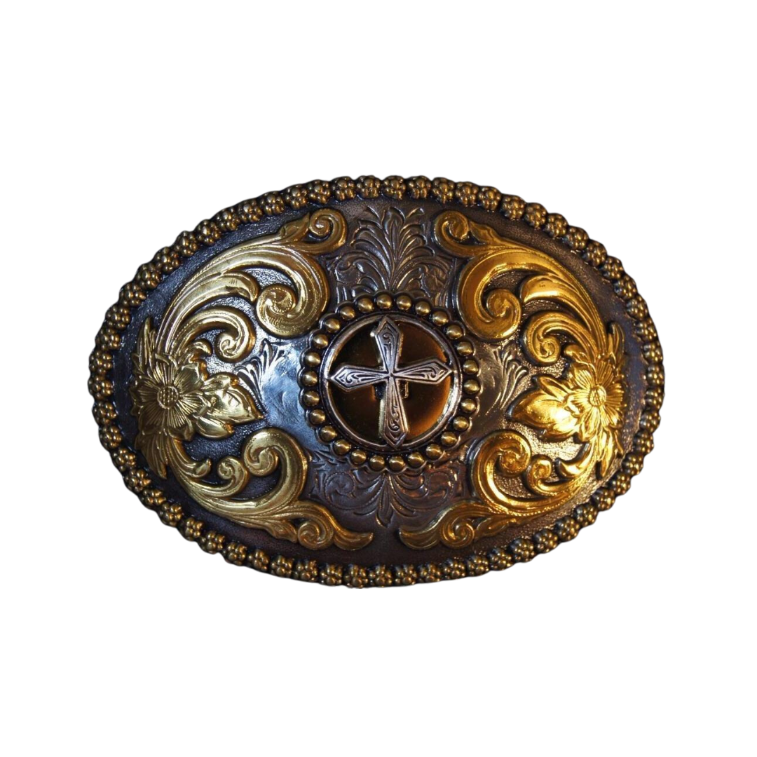 Nocona Men's Silver and Gold Cross Large Oval Yellow Buckle