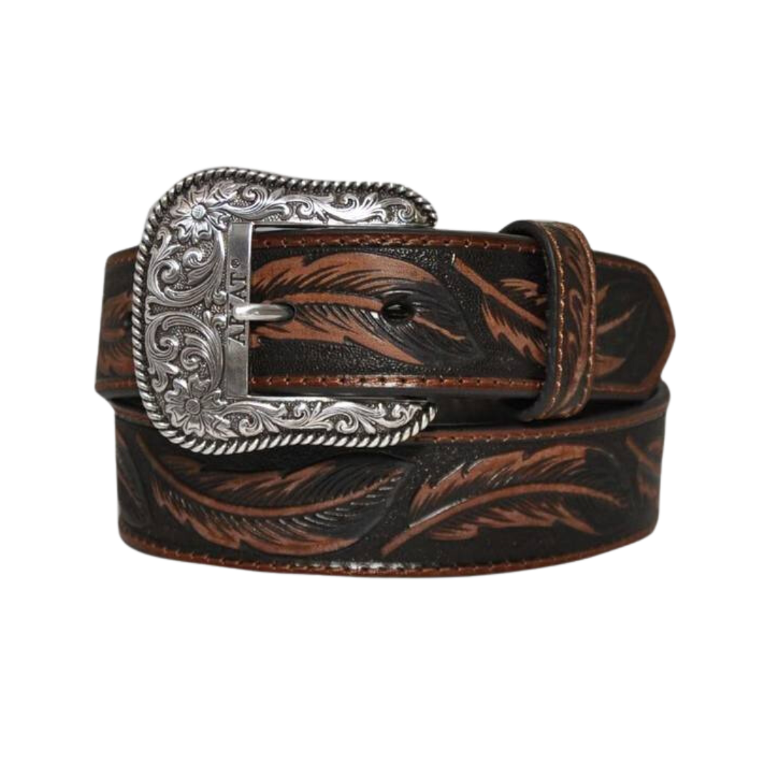 Ariat Brown Feather Tooled Silver Buckle Belt