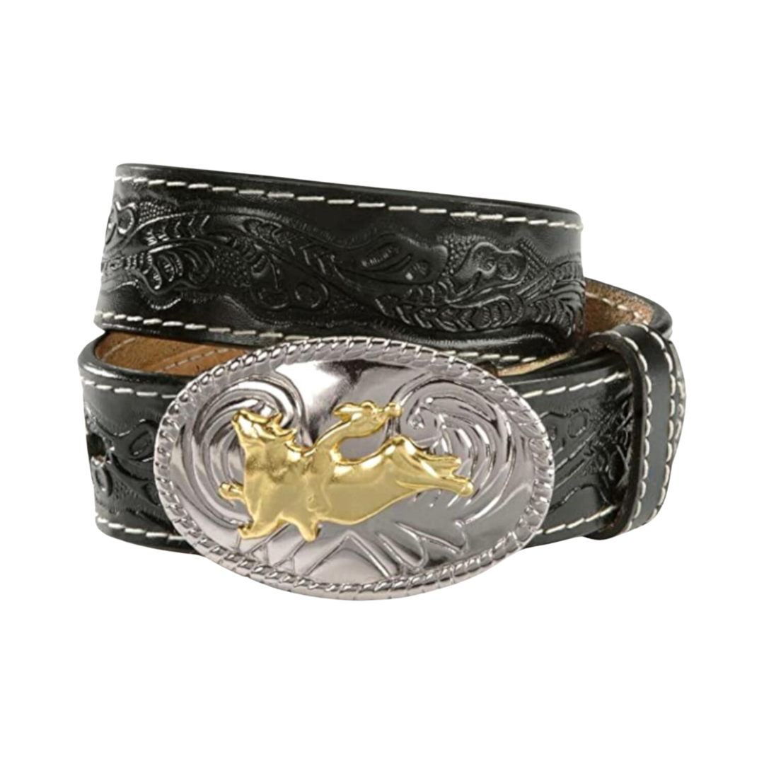 Nocona Youth Boy's Tooled Bull Rider Buckle Black Belt