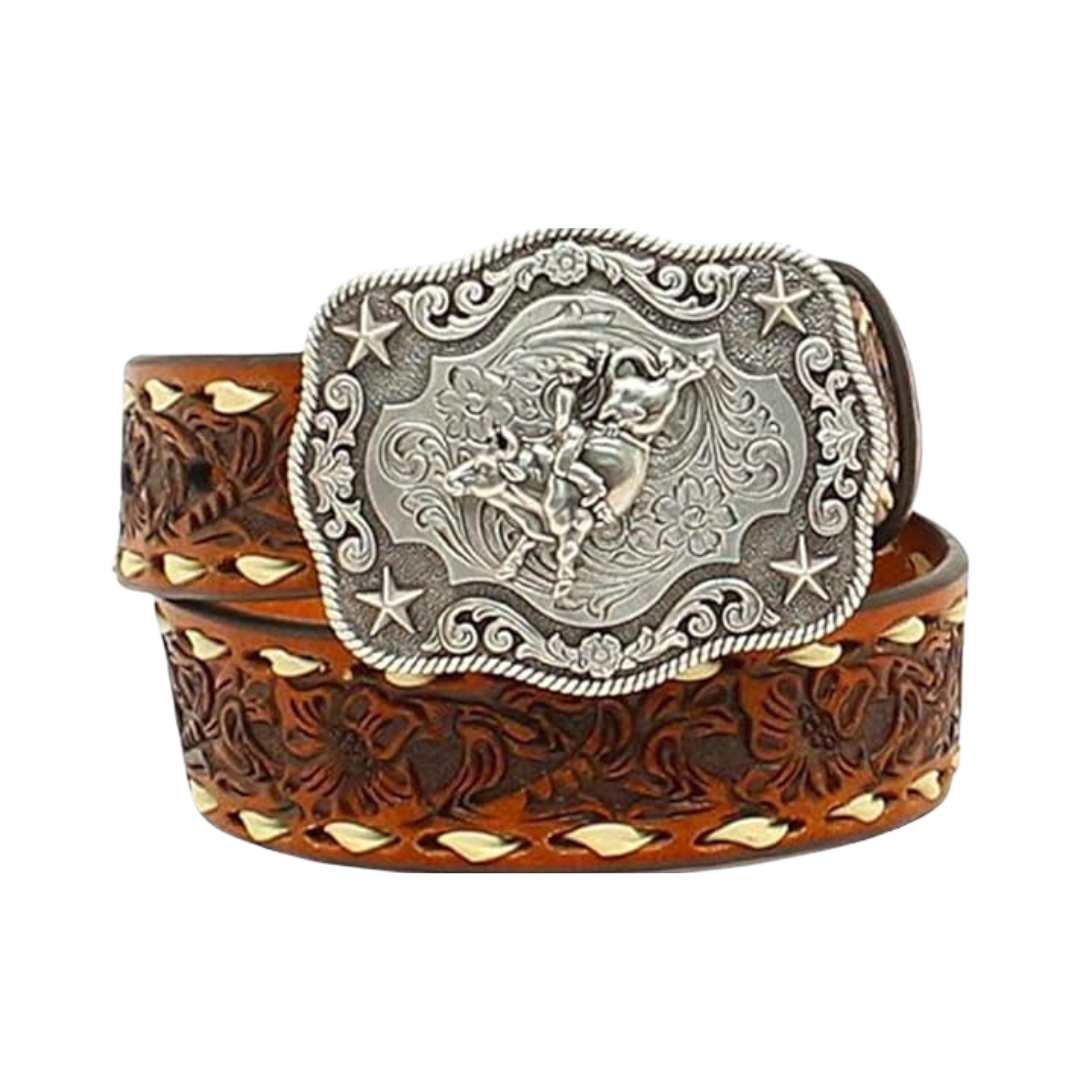 Nocona Boys Floral Embossed Bull Rider Buckle Lacing Belt