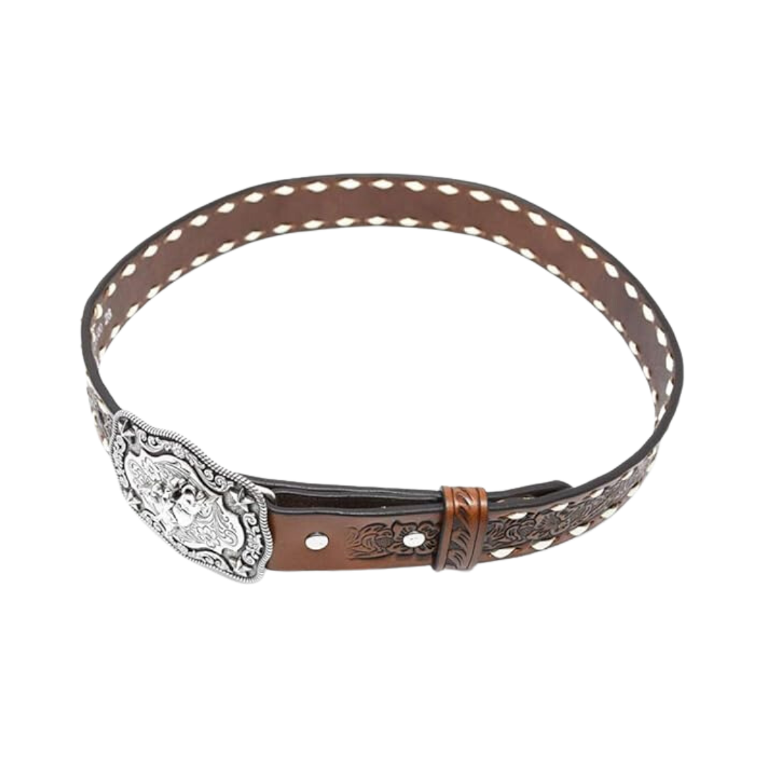 Nocona Boys Floral Embossed Bull Rider Buckle Lacing Belt